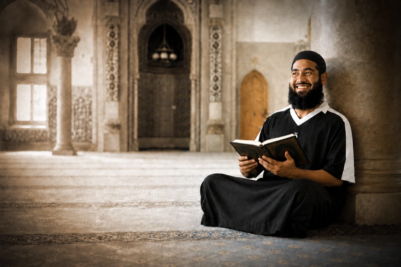 A model wearing 001_the_athlete while reading in a mosque
